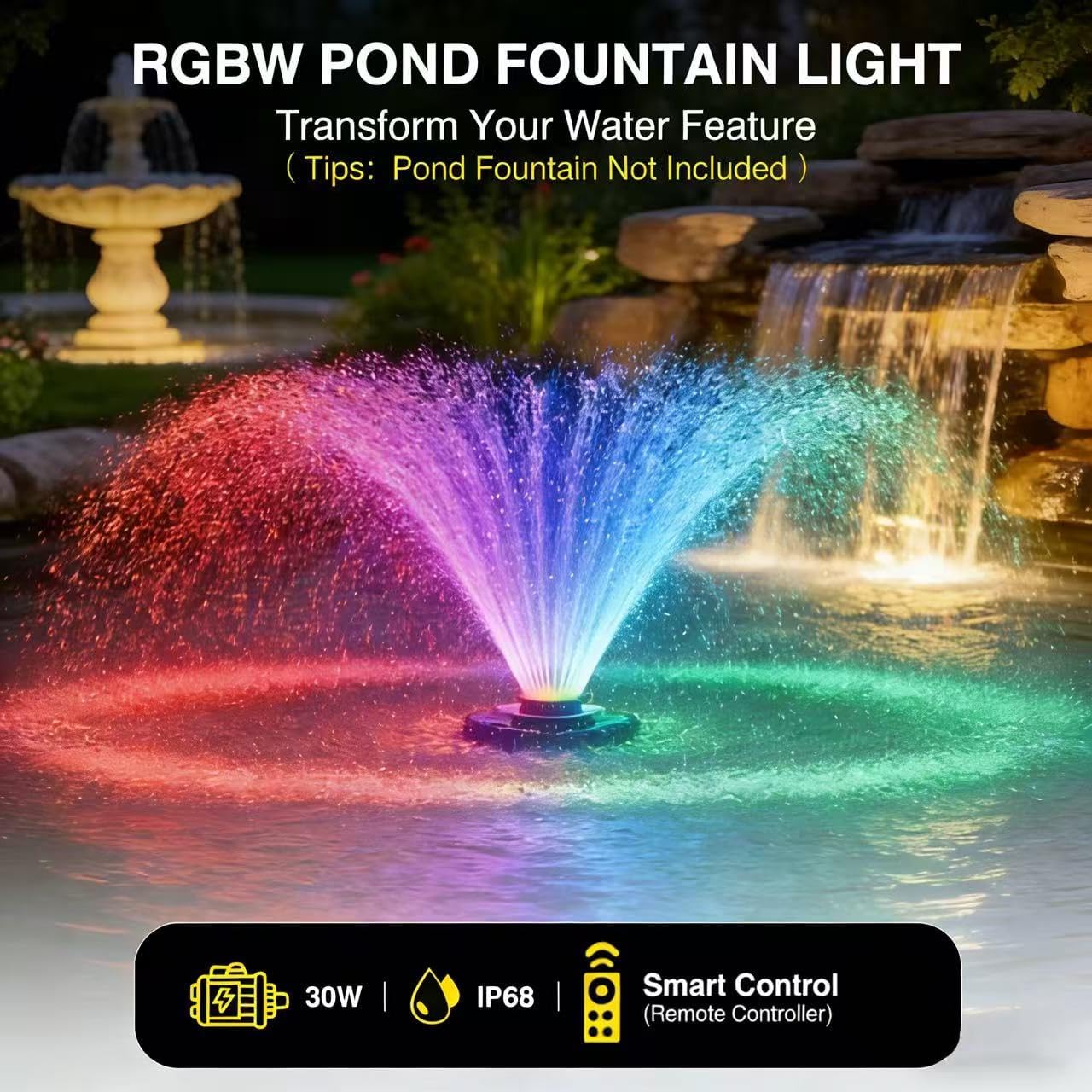Pond Fountain Aerator Lights RGBW 20000LM LED Fountain Light with 100FT Power Cord AC 120V, 100ft Cable with Controller IP68 Waterproof,Wireless Sync Control with Most Pond Aerators
