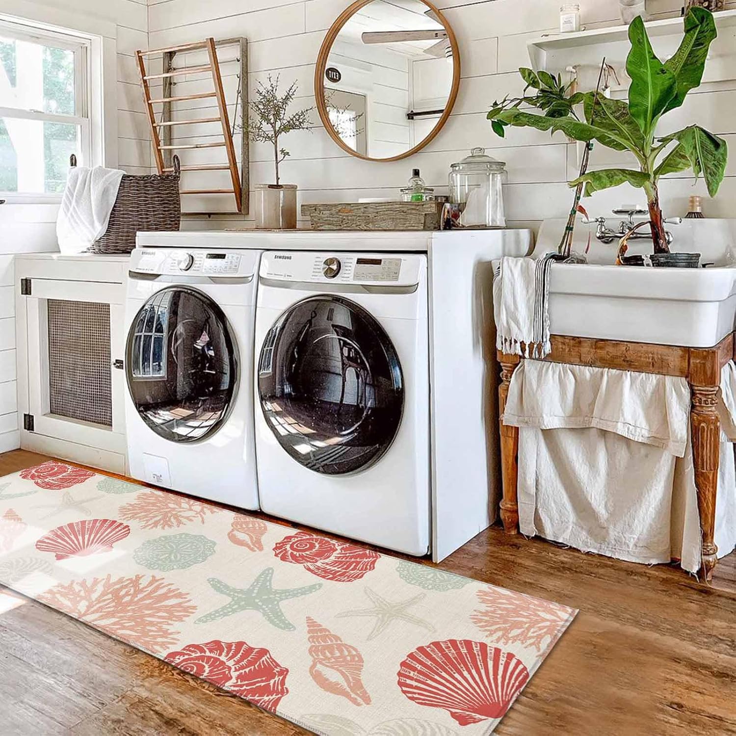 Kitchen Mats for Floor Red Seashells Starfish Washable Non Slip Kitchen Rugs 2PCS, Marine Life on Retro Linen Absorbent Standing Mats for Sink Bathroom Office Living Room 15.7x23.6in+15.7x47.2in