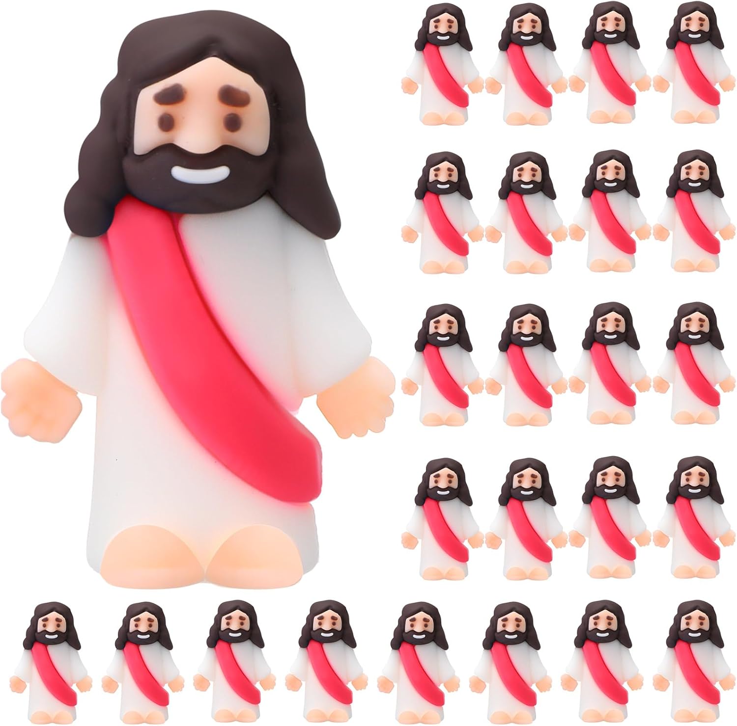 Bememo 25 Pcs Little Jesus Figures Original Design Mini Rubber Jesus Figurine to Hide and Seek Religious Party Favors Sunday Baptism Gifts(Rose Red)