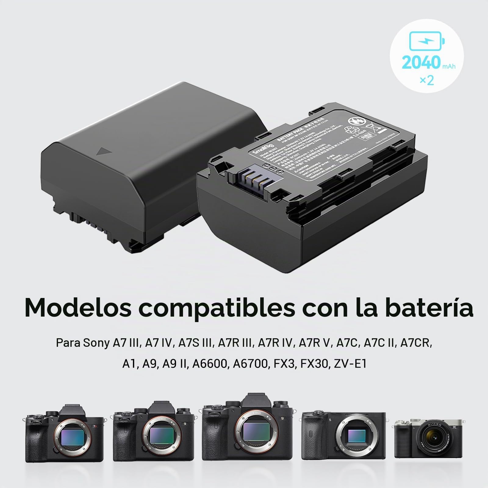 SMALLRIG 2 Pack 2040mAh Reemplazo Compatible con NP-FZ100 Batería y Kit de Cargador, Dual con Puerto USB-C,Compatible para Sony A7R IV,A7R III,A7 III,A7C,FX3, FX30,A6600,A6700,ZV-E1,A1,A9-3824B