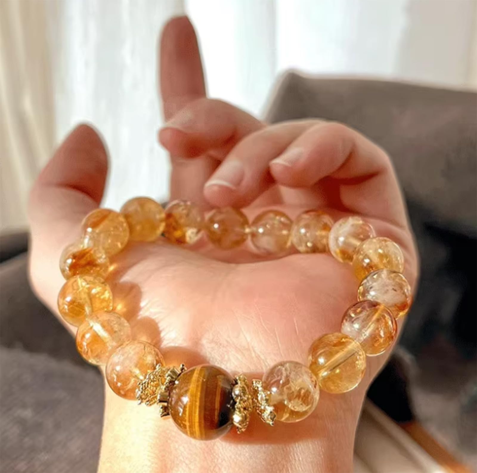 Citrin-Perlenarmband mit Tigerauge, natürlicher gelber Turmkristall für Damen und Herren, Stretch-Armbänder aus Edelsteinen für Reichtum und Glück, Schmuckgeschenk zum Geburtstag,10mm