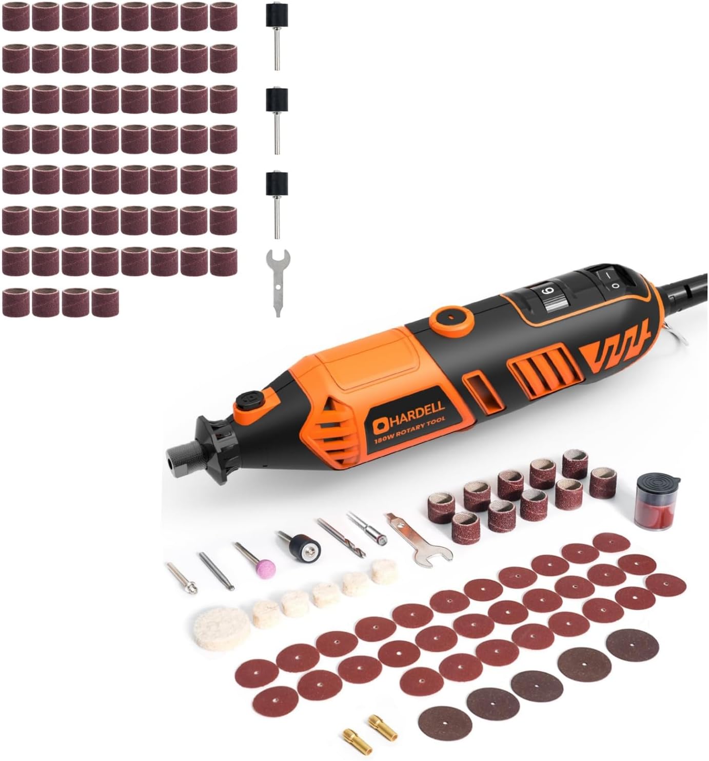 HARDELL180W 8000-35000RPM Corded Power Rotary Tool with 61 Accessories & 60pcs 120# Grit Large Sanding Sleeves Kit