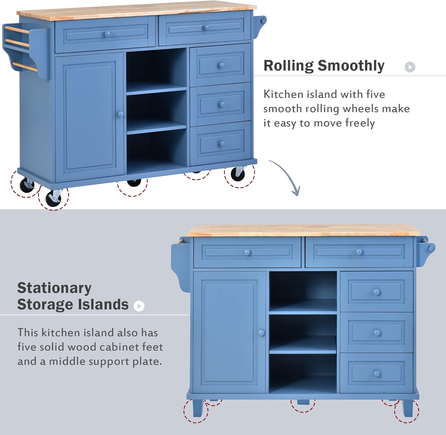 Blue Rubber Wood Mobile Kitchen Island with Storage 5 Drawers – 53 Inches Rolling, Spacious Worktop, Sturdy Design for Versatile Use