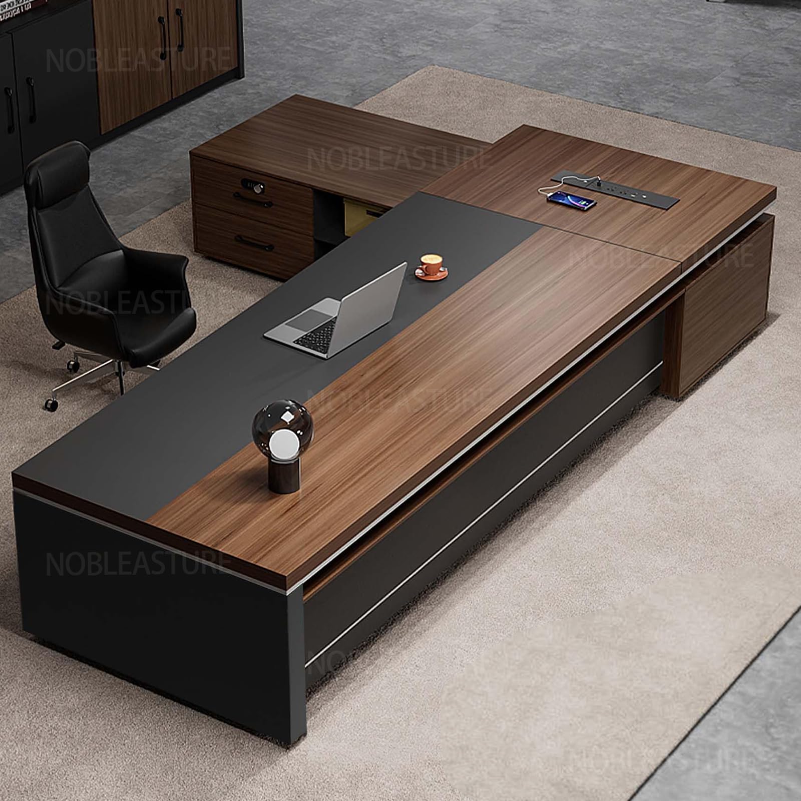 L-Shaped Executive Desk with Storage Cabinet Office Desk Home Office Furniture for CEO Boss Manager with Drawers Business