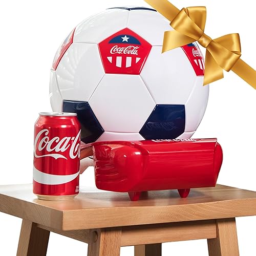Coca-Cola - Minirefrigerador de pelota de fútbol, 5 latas con apertura oculta, blanco, rojo y negro, accesorio único para estudio, sala de juegos,