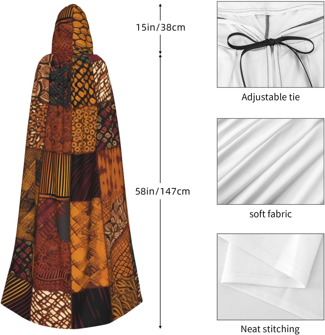 African Style Patchwork Hooded Cloak Cape Unisex Adult Knight Costume Medieval Robe Long Halloween Cosplay Outfit