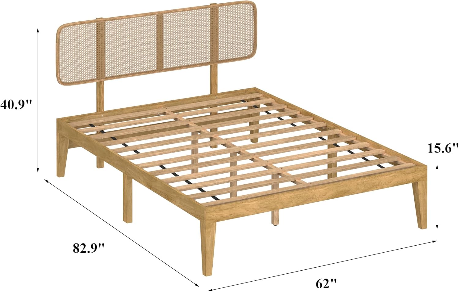 82.9" Queen Size Bed Frame, Tall Heavy Duty Platform Bed Queen Size, Bedframe No Box Spring Needed with Wood Frame, Plastic Rattan Headboard, 11 Wooden Legs for Bedroom, Natural