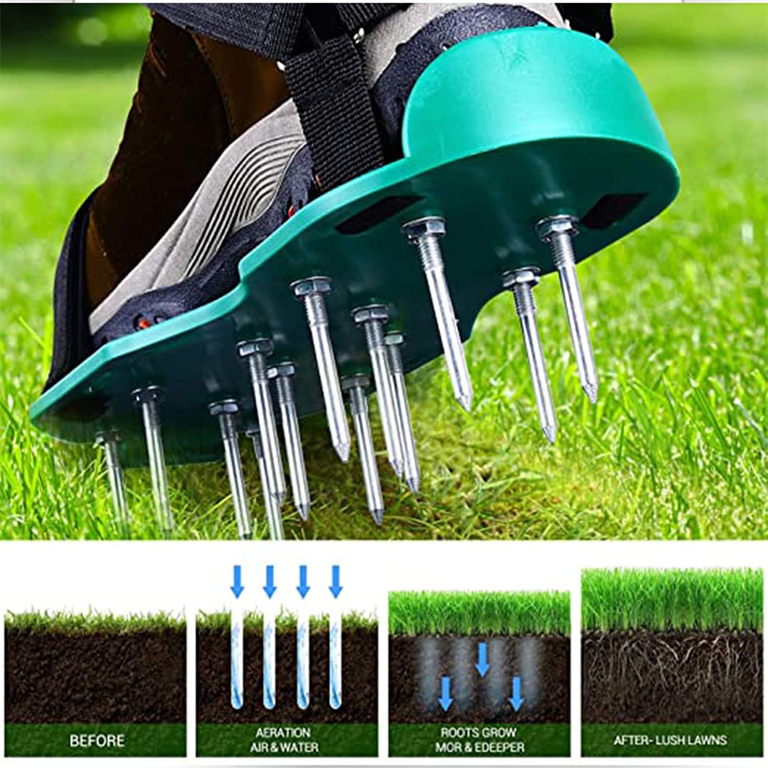 Aireador de Césped Zapatos Sandalias de Pinchos de Metal Hebillas y Correas 3 para Airear el Césped o en el Patio (Verde)