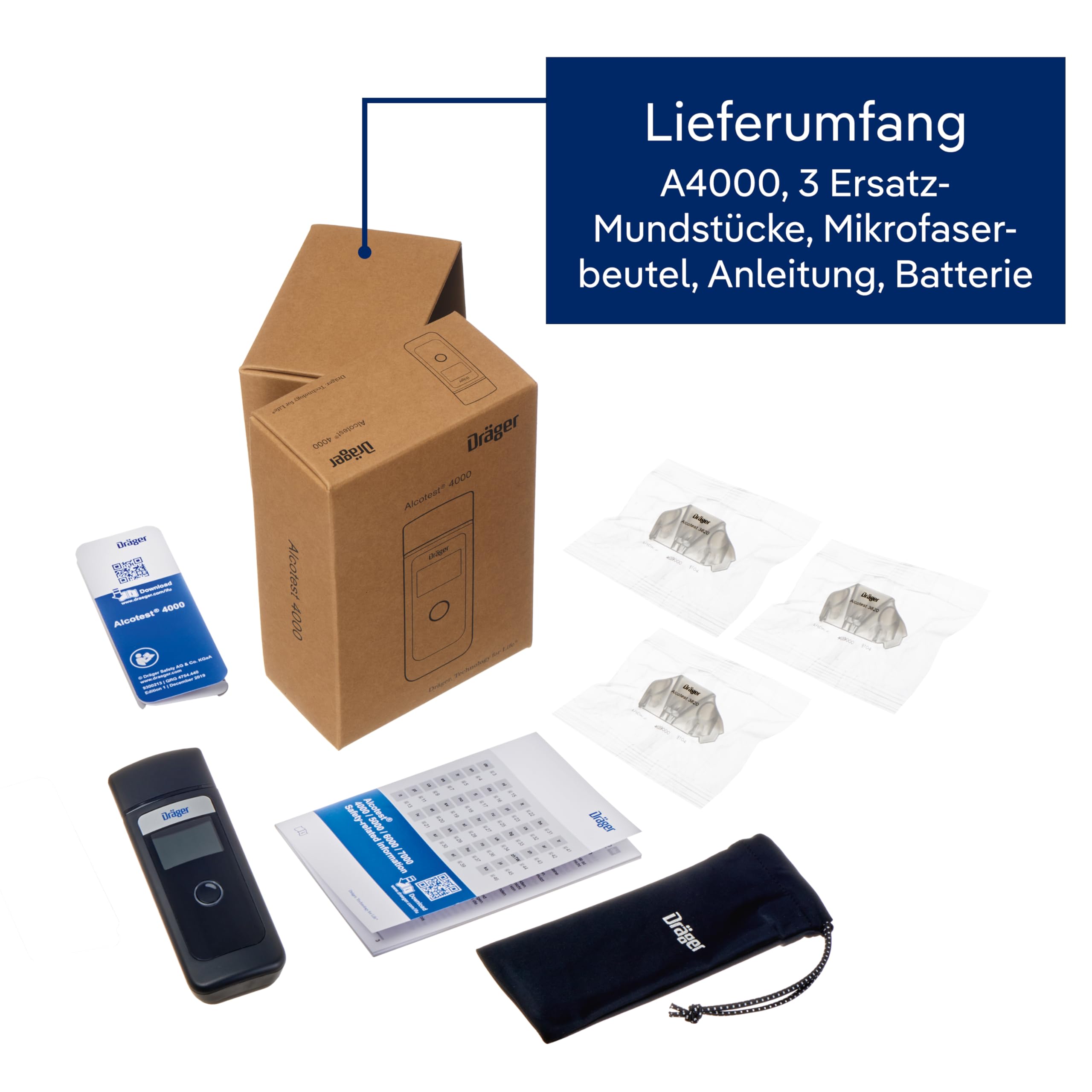 Dräger Alcotest 4000 | Polizeigenau | Alkoholtester mit wechselbarer Batterie, 3 austauschbaren Mundstücken & Aufbewahrungsbeutel | Digitaler Promille-Tester mit leichter Ein-Knopf-Bedienung