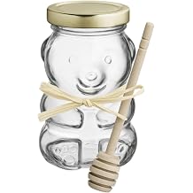Vallary 8 oz Glass Bear Honey Jar with Gold Lid & Wooden Dipper Reusable Bear-Shaped Jar for Honey, Candy, Gifts, Party Favors & DIY Projects