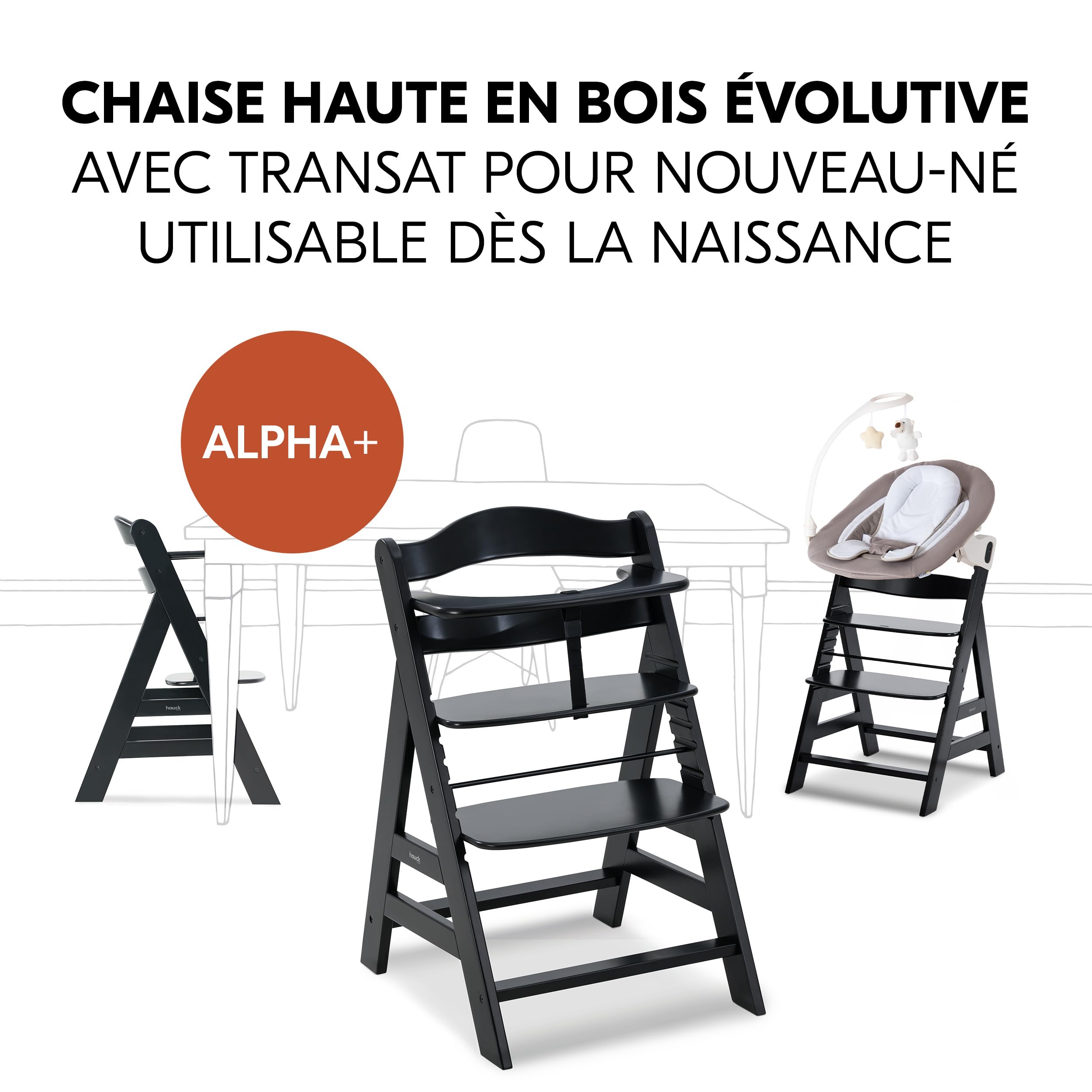 hauck Chaise Haute Bébé Alpha+ avec Siège Nouveau-né Deluxe - Black | Chaise haute évolutive en bois, de la naissance à 90 kg, inclus assise avec arche éveil bébé, coussin, idéal pour repas