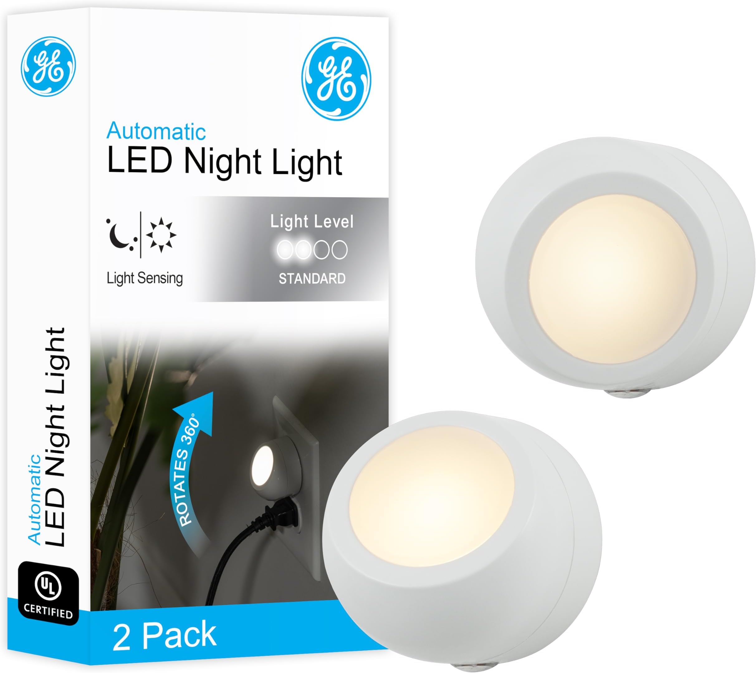 GE Rotating Plug in Night Light, Home Decor, Apartment Essentials, LED Lights for Bedroom, Ambient Lighting, Dusk to Dawn Sensor, Nightlight, Bathroom, Dorm Room, 2 Pack 31533