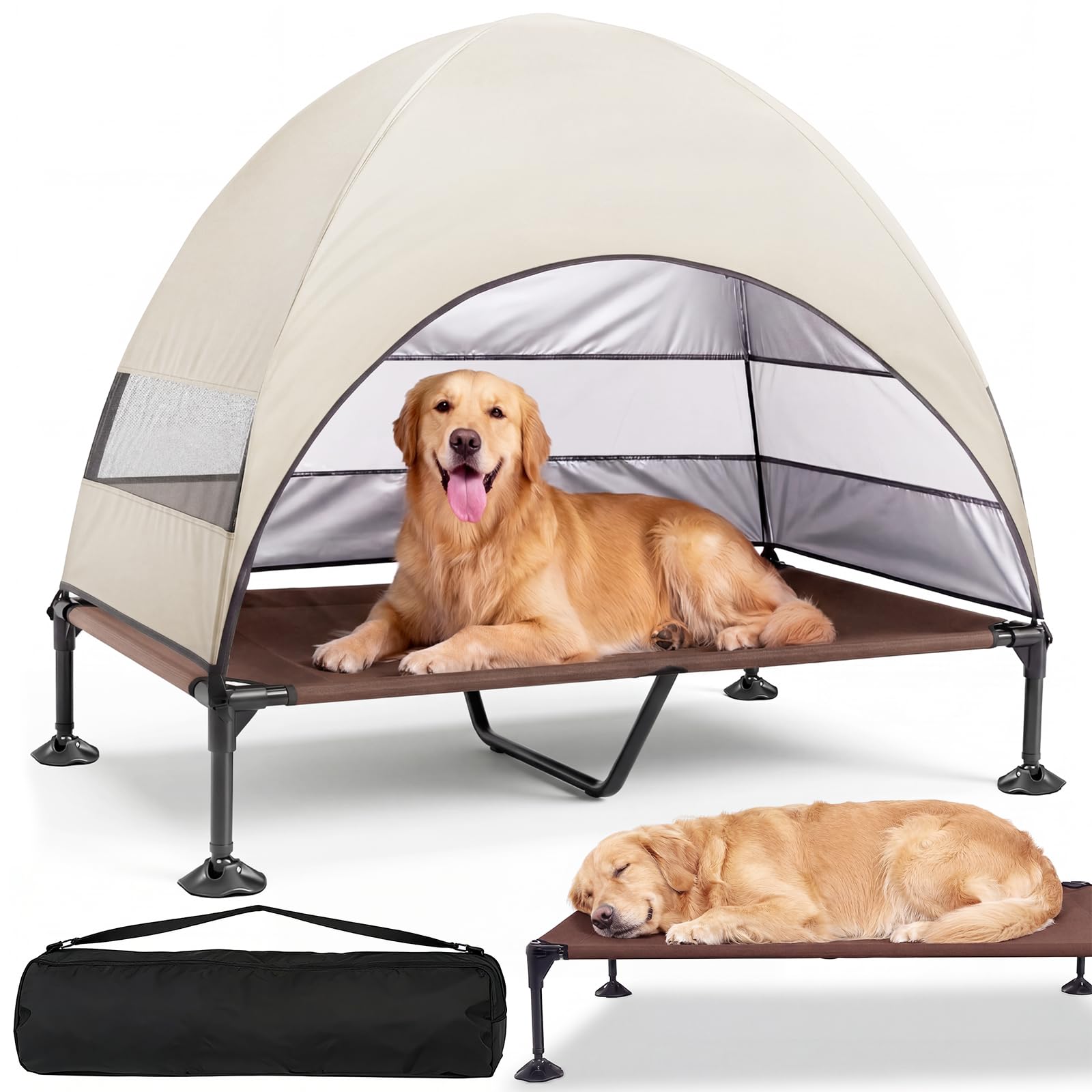 Elevated Outdoor Dog Bed with Canopy, Raised Dog Cot with Stable Adjustable Feet, Dog Camping Bed with Larger Shade, Lifted Dog Tent Bed with Canopy for Outside (Beige, X-Large)