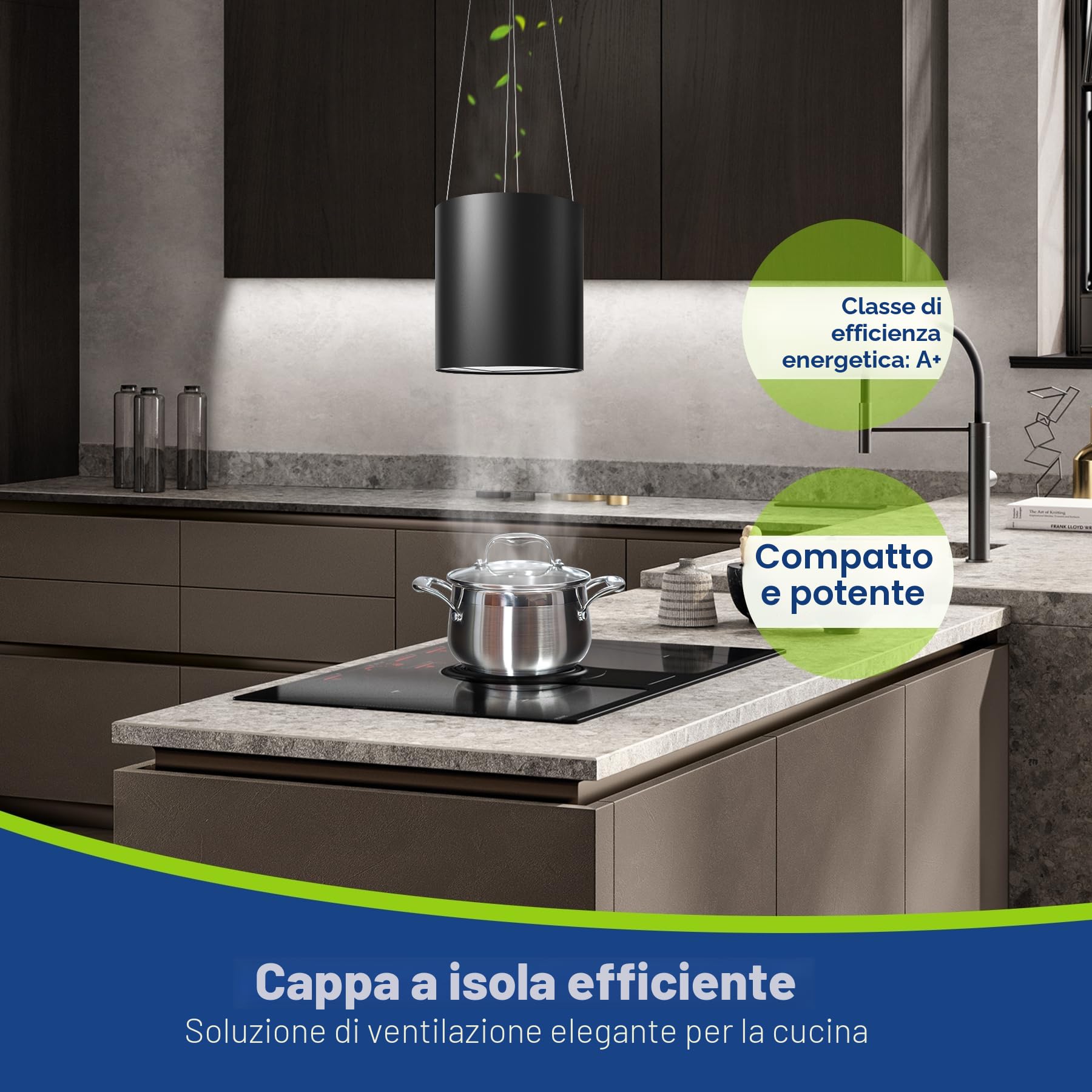 SNDOAS Cappa Sospesa, 700 m³/h Cappa Aspirante a Isola con Filtro Carbone, Telecomando, 35cm Cappa Cucina a Ricircolo d'aria a 3 Livelli, LED