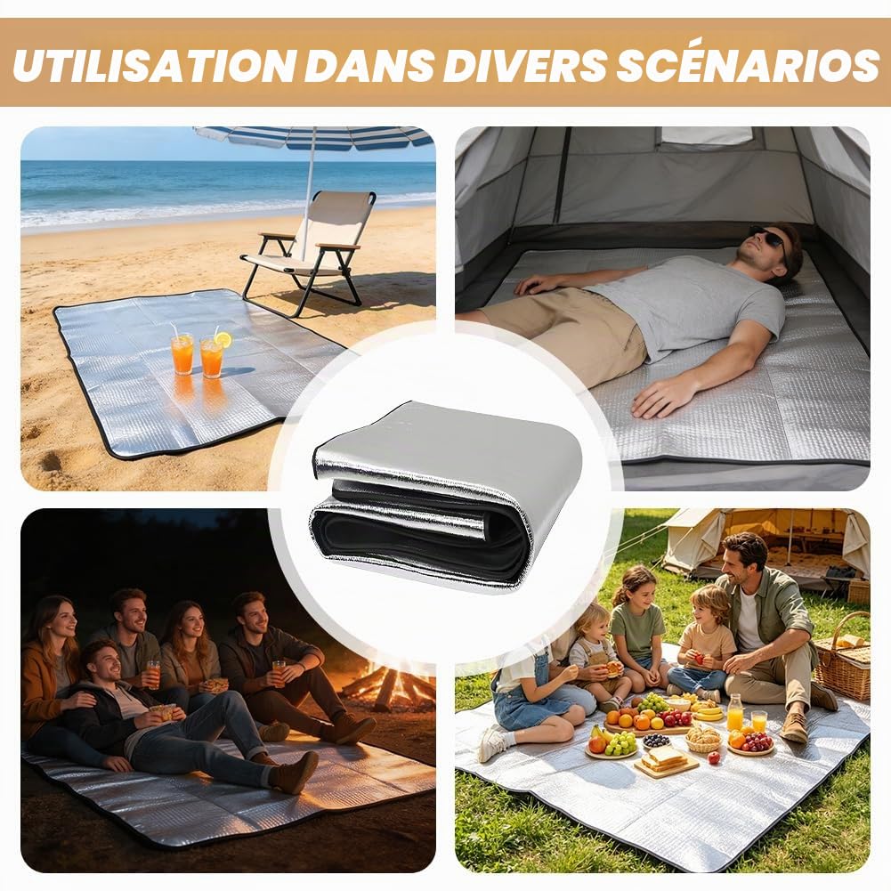 Tapis isolant, pour tente, camping-car, 200 x 200 cm, pliable, en aluminium, avec EPE et feuille d'aluminium, couverture isolante imperméable pour le camping