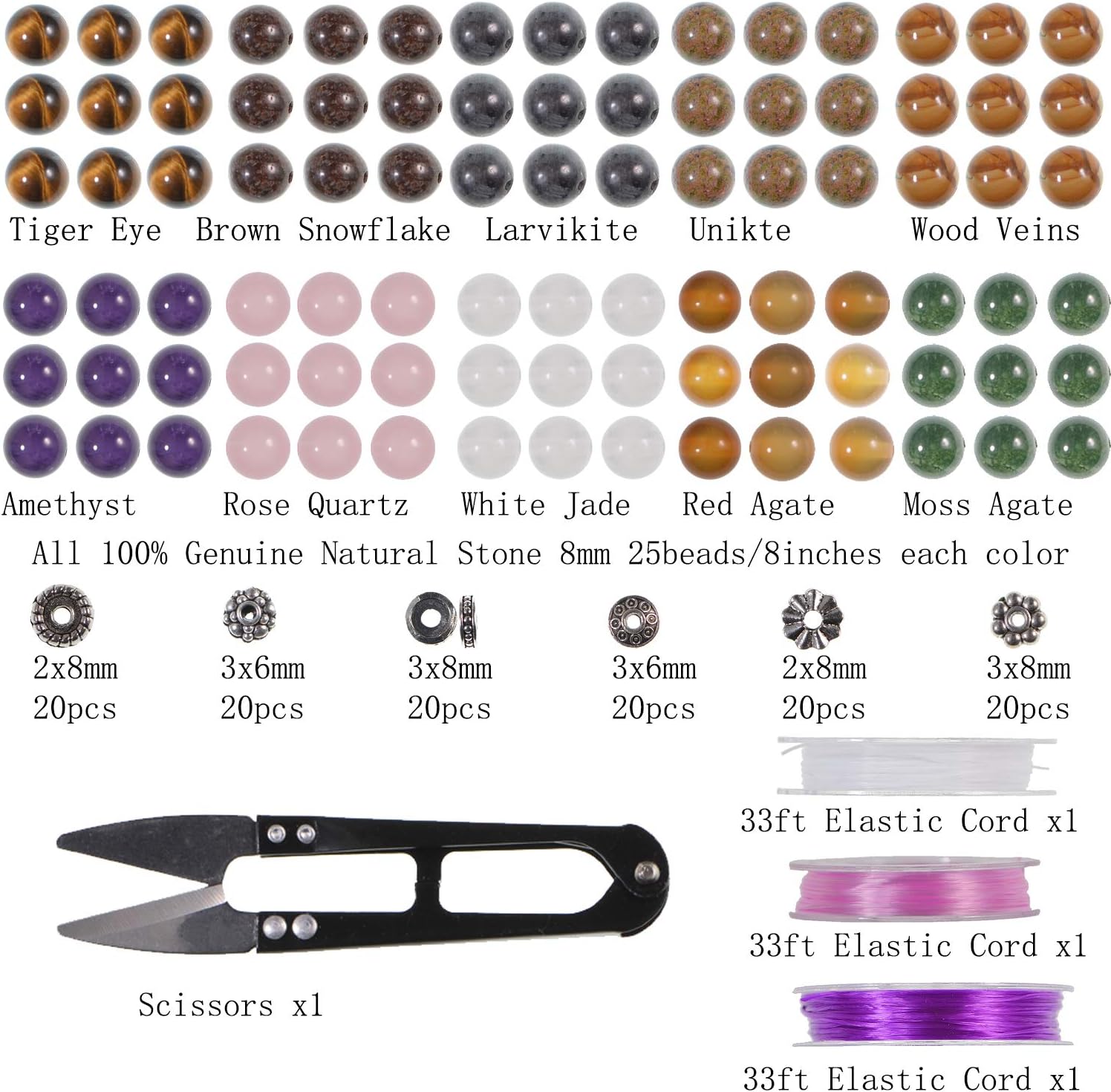 Stone Beads Box Set Kits 250pcs 8mm Round Loose Gemstone Natural Amethyst Rose Quartz Red Agate Larvikite Labradorite Assorted Color with Accessories Tools for Bracelet(100% Natural Stone Beads Kit 2)