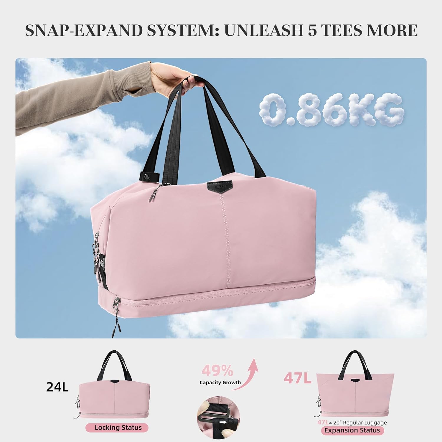 Timeet Expandable Gym Duffel Bag For Women with Yoga Mat Strap, 47L Sports Duffle Bag With Shoes Compartment&Dry Wet Pocket, Water Resistant Carry on Sports Weekend Travel Overnight Bag, Dusty Pink