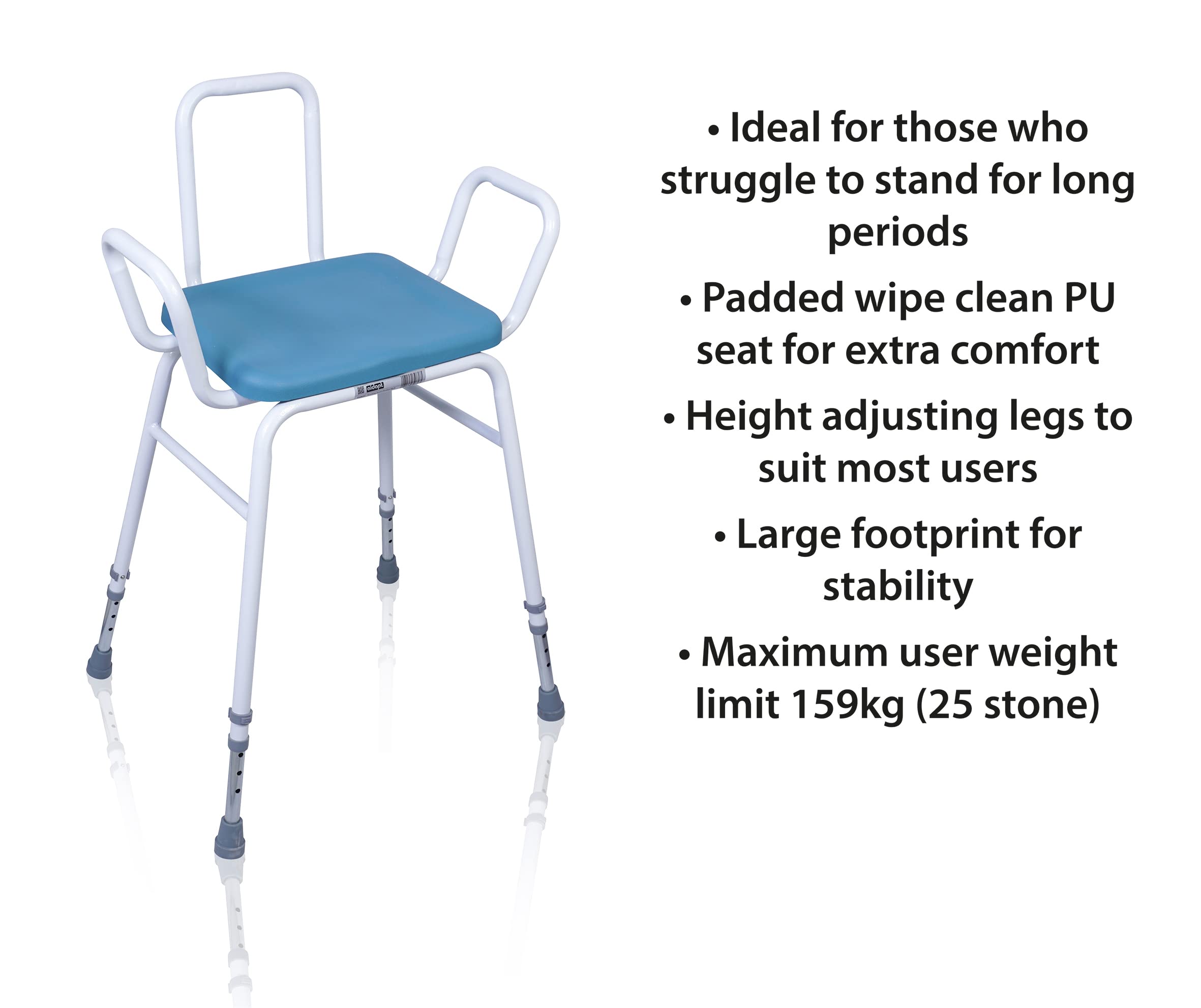 Aidapt Taburete Multiusos cómodo, Asiento de Poliuretano fácil de Limpiar. Altura Ajustable con Brazos, Respaldo Integral, virolas Antideslizantes, Seguridad, Ancianos, recuperación de cirugía de