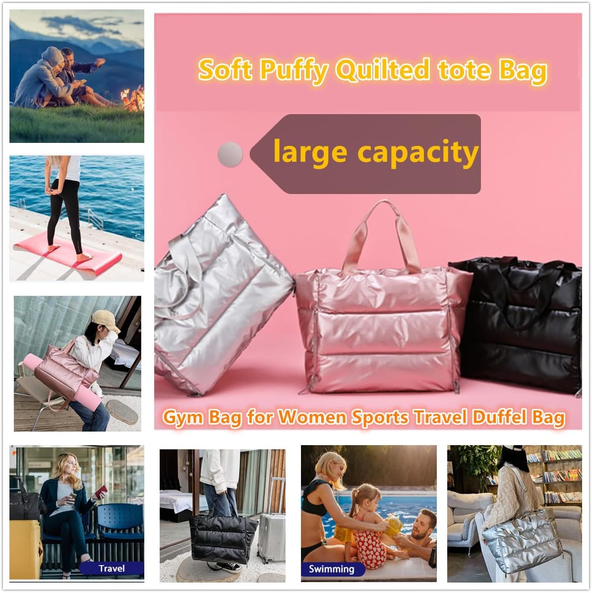 Large Puffer Tote Bag for Women, Quilted Gym Bag with Yoga Mat Holder, Travel Duffle, Waterproof Carry on Weekender Bag (pink)