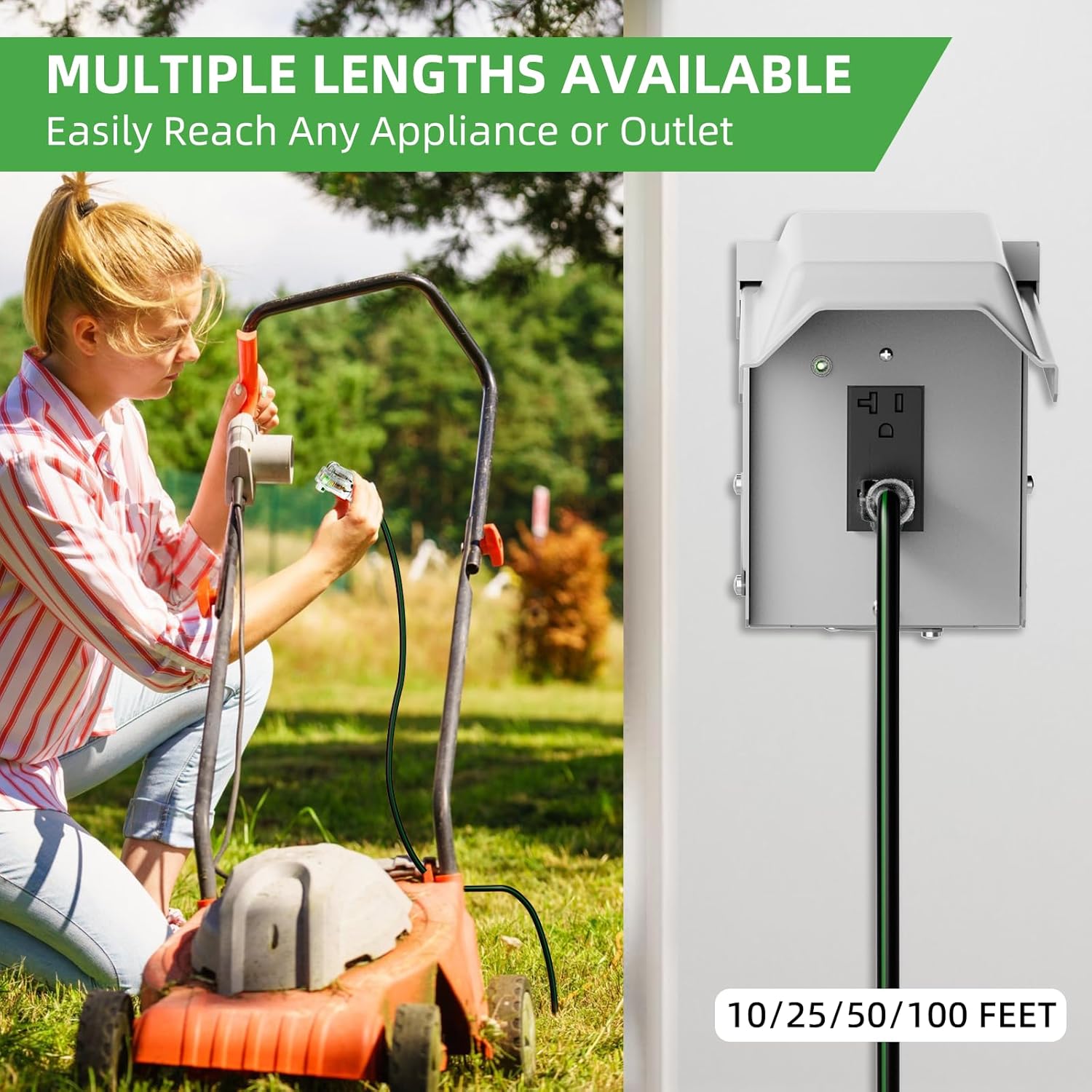 10FT 10/3 Outdoor Extension Cord, 10 AWG Ultra Heavy Duty 3-Prong SJTW, Waterproof, Flexible Cold-Resistant, Indoor/Outdoor, LED Lighted End, 15 Amp 1875W, Black & Green, ETL Listed
