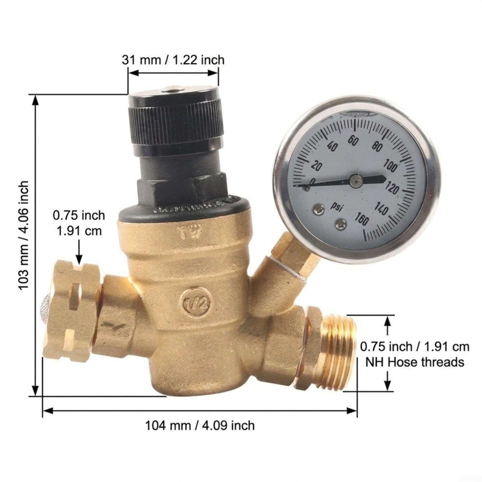 Réducteur de pression d'eau réglable 3/4" GHT avec manomètre pour camping-car et camping, vanne de limitation de pression en laiton