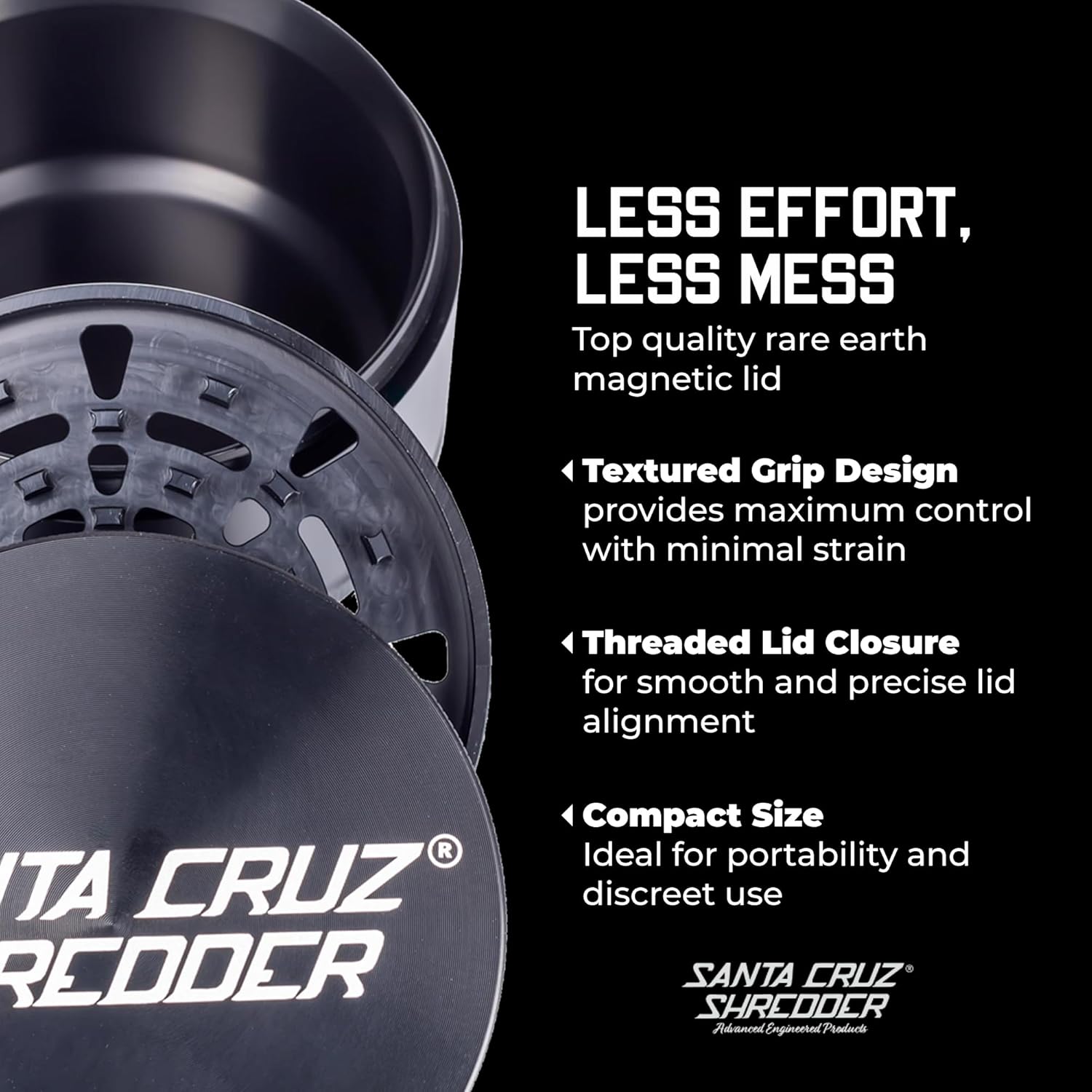 Santa Cruz Shredder Jumbo Metal Herb Grinder – Premium 4-Inch Aluminum Grinder for Fluffy and Even Grinding, Durable Knurled Top with Strong Magnetic Lid – Made in the USA (Black)