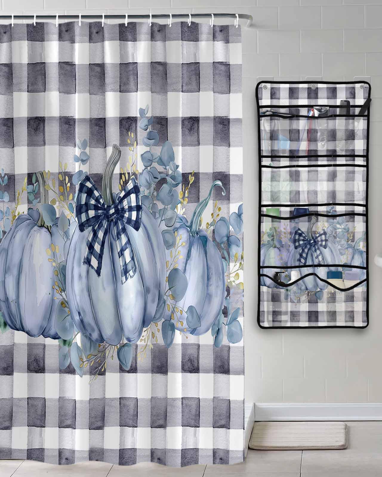 Decorative Shower Curtain Sets Fall Thanksgiving Fabric Shower Curtains Blue Autumn Pumpkin Eucalyptus Leaves Black White Check Mesh