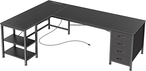 Huuger Escritorio en forma de L de 55 pulgadas con cajones de tela, escritorio reversible para juegos para computadora con tomas de corriente y