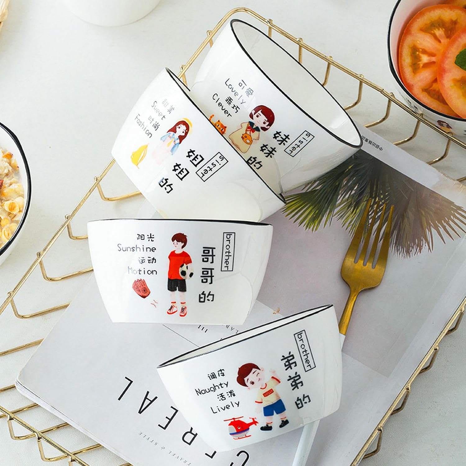 Vintage Rice Bowls ，Ceramic Tableware Rice BowlNordic wind household exquisite high-temperature resistant glazed color creative cartoon rice bowl(Dad+Mom+Sister+Brother)