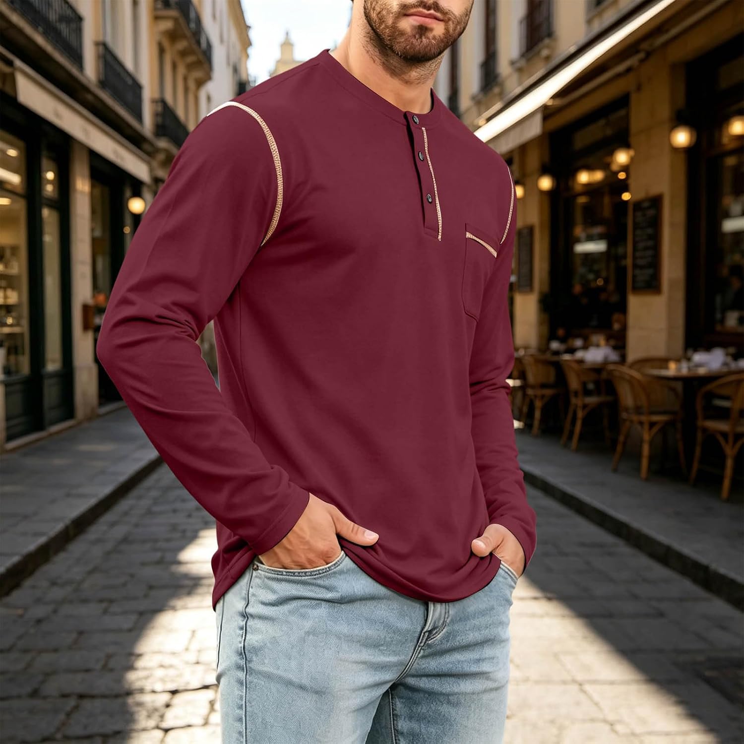 Men's Casual Henley Shirt Contrast Trim Long Sleeve Pocket Pullover