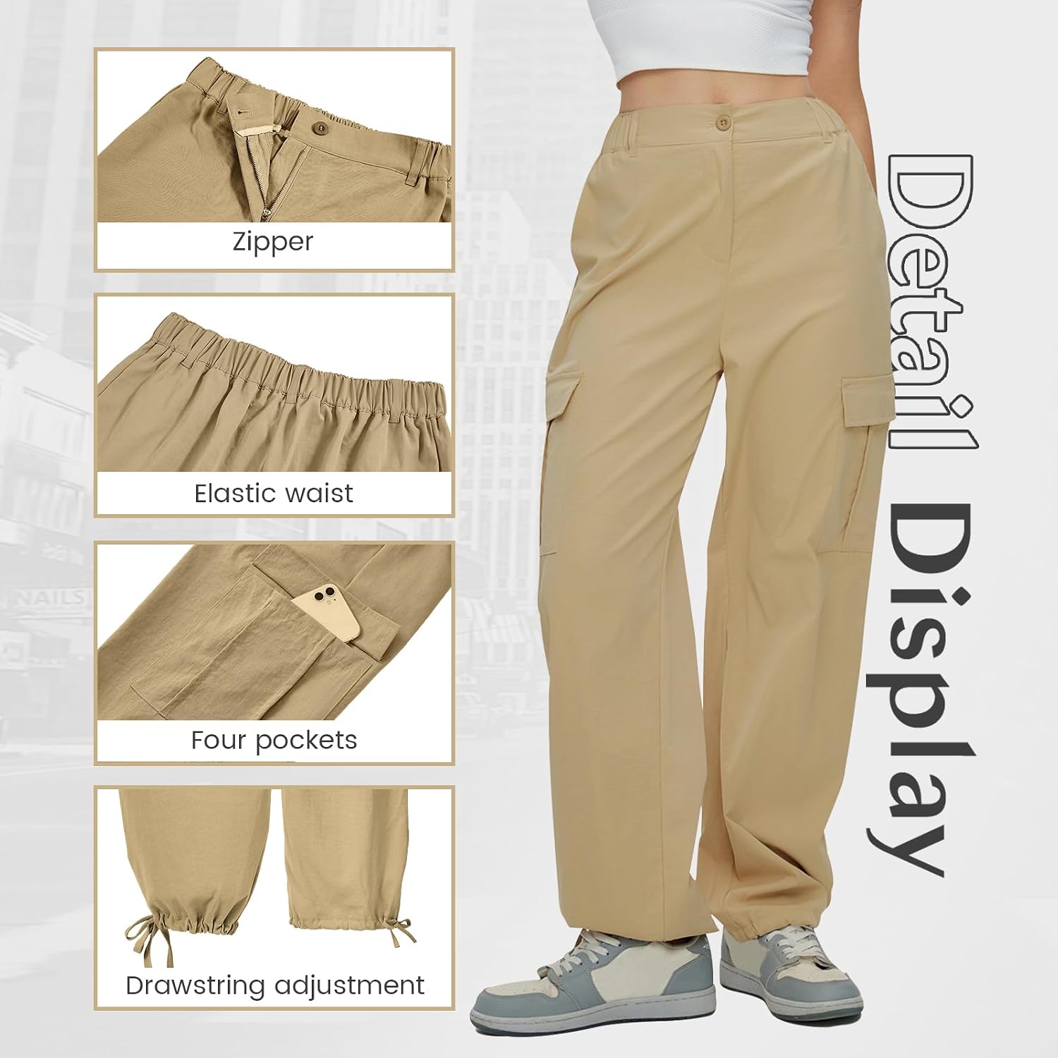American Trends Pink Women's High Rise Cargo Pants with 4 Front Pockets, Ankle Length, Lightweight, Regular Fit, Large