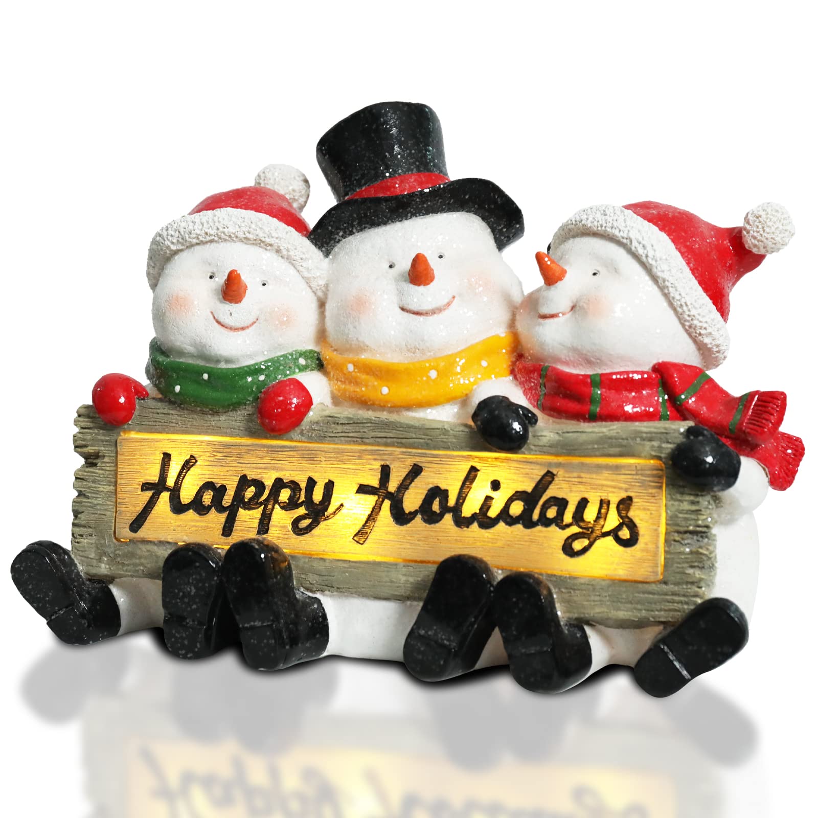 Christmas Decoration Snowman Trio Statue with LED Welcome Sign Battery Operated Xmas Decor Holiday Light Resin Christmas Figurines for Indoor Home Tabletop Party Festival Gift Ornament