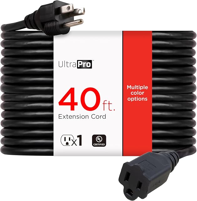 GE UltraPro 40 Cord d'extension Ft, 16 Gauge, poids lourd, double isolant, sol, intérieur/extérieur, UL Inscrit, Noir, 36826-T1