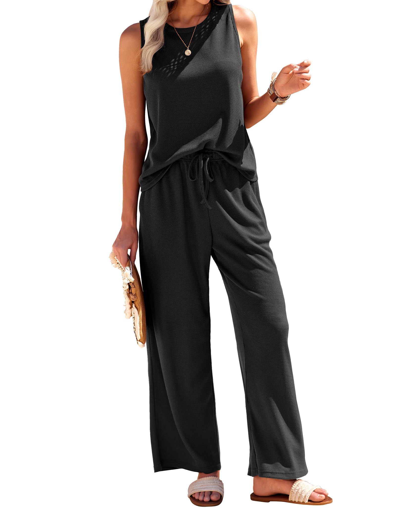(Small) Ekouaer Womens Pajamas 2 Piece Lounge Set Waffle Knit Loungewear Sleeveless Tank Top with Long Pants Outfits S-XXL