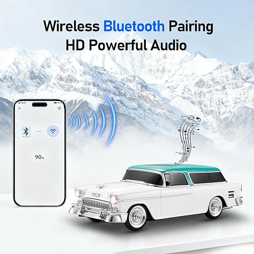 Miniatura 2 de Altavoz Bluetooth retro clásico modelo de coche con luz ambiental LED, emparejamiento estéreo TWS, ruedas móviles, sonido HD, altavoz inalámbrico