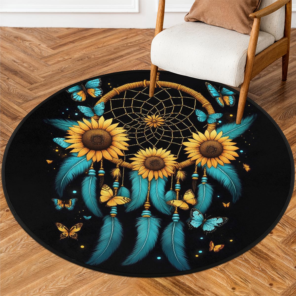 Türkisfarbene Federn, Traumfänger, Sonnenblumen, Teppich, rund, waschbar, Gaming-Teppich für Schlafzimmer, Wohnzimmer, Arbeitszimmer, Bodenmatte, 160 cm