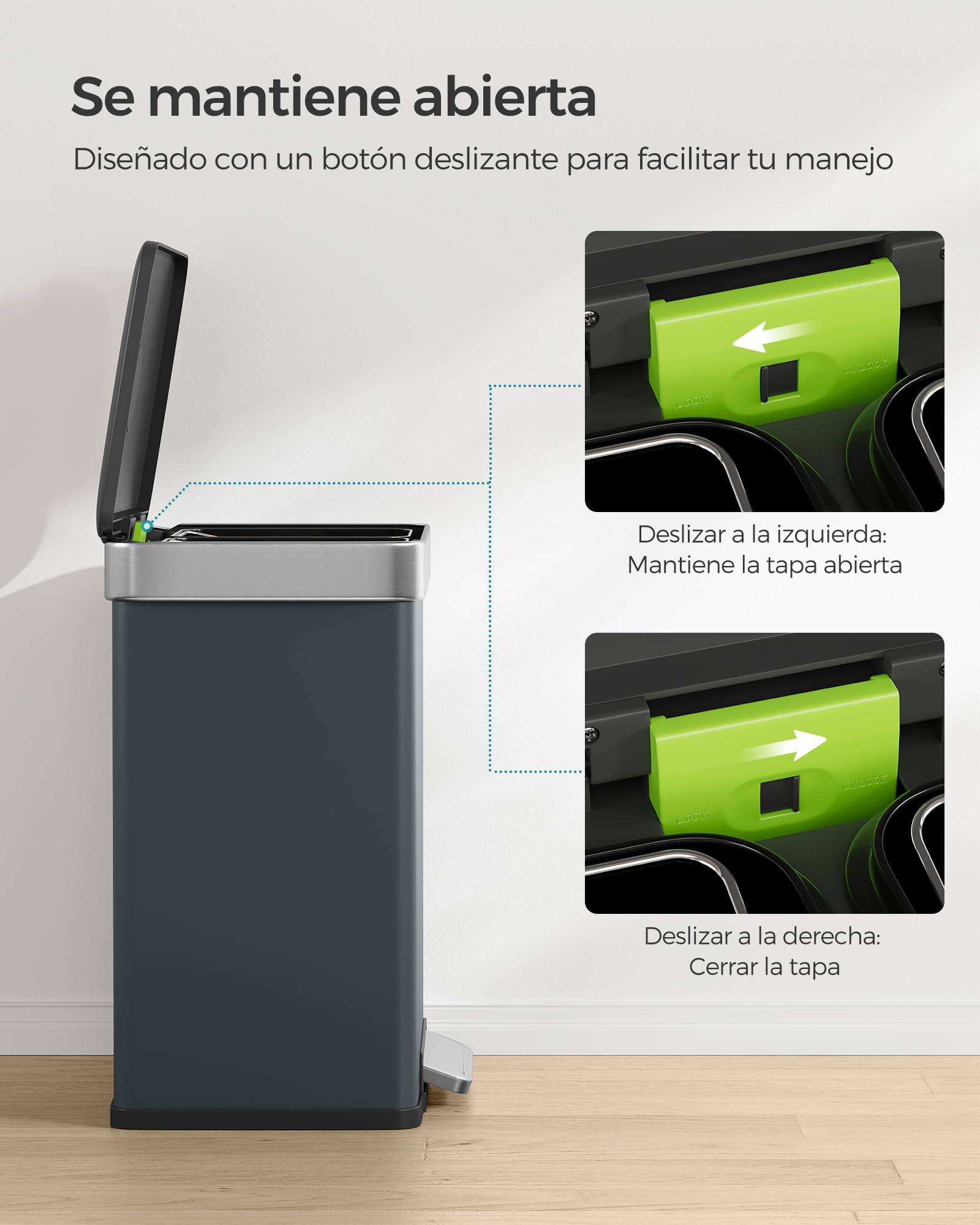 SONGMICS Cubo de Basura Doble, 2 x 30 L, Acero Inoxidable, con 15 Bolsas de Basura, con Cubos Interiores de Plástico, Tapa con Bisagra, Cierre Suave, 58,2 x 36,5 x 60,5 cm, Gris Verdoso LTB202G01