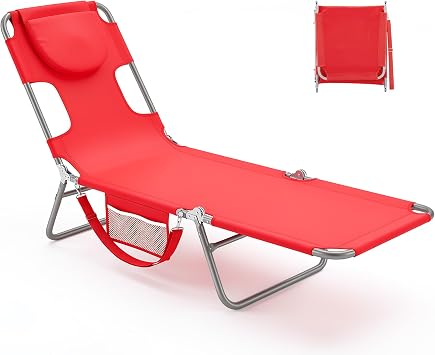 NEWBULIG Beach Lounge Chair Outdoor, Tanning Chair with Face Hole, Red