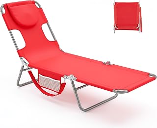 NEWBULIG Beach Lounge Chair Outdoor, Tanning Chair with Face Hole, Red