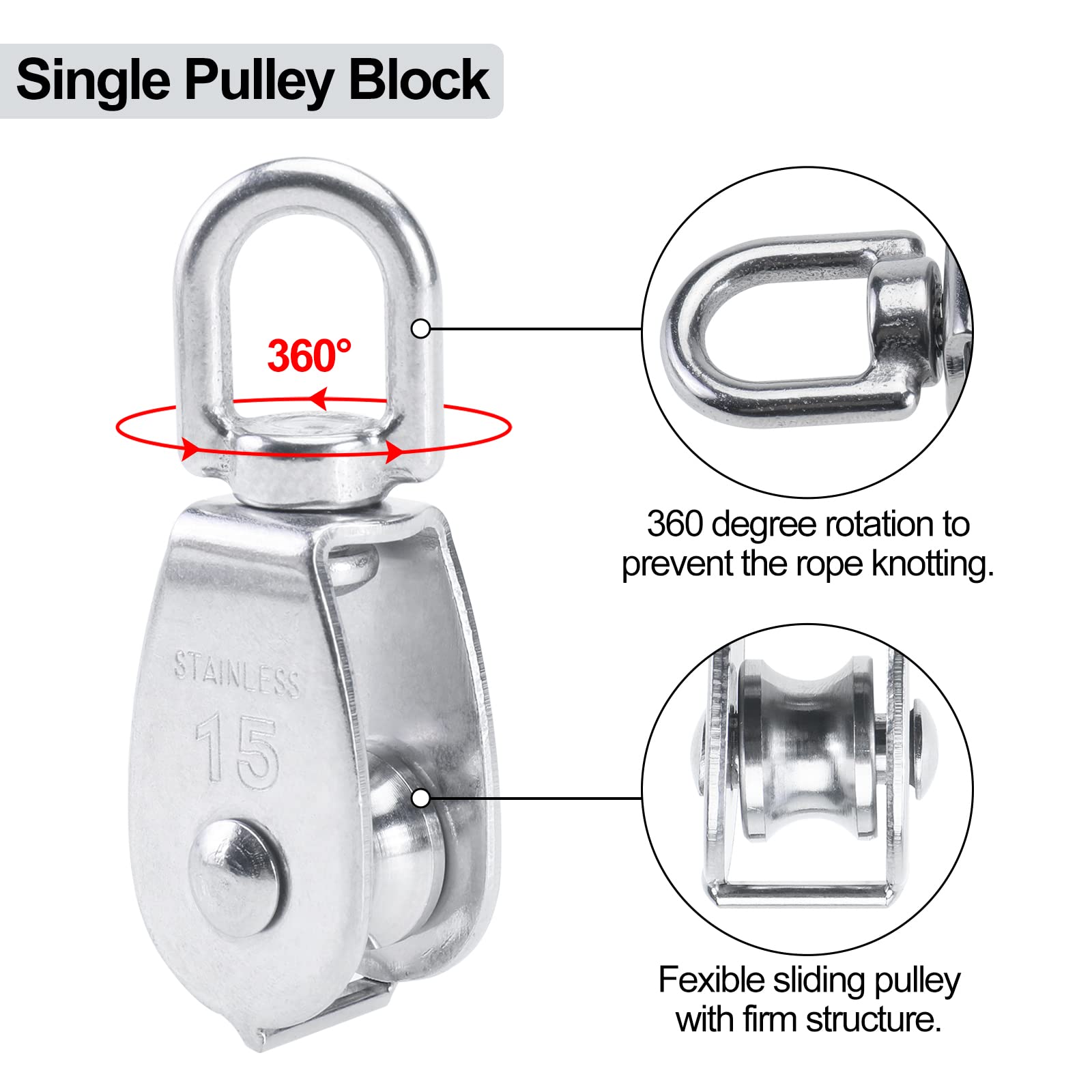 20 piezas de polea de acero inoxidable 304 M15 para cuerda de alambre para grúa, polea pequeña, para elevación, rueda colgante, gancho giratorio