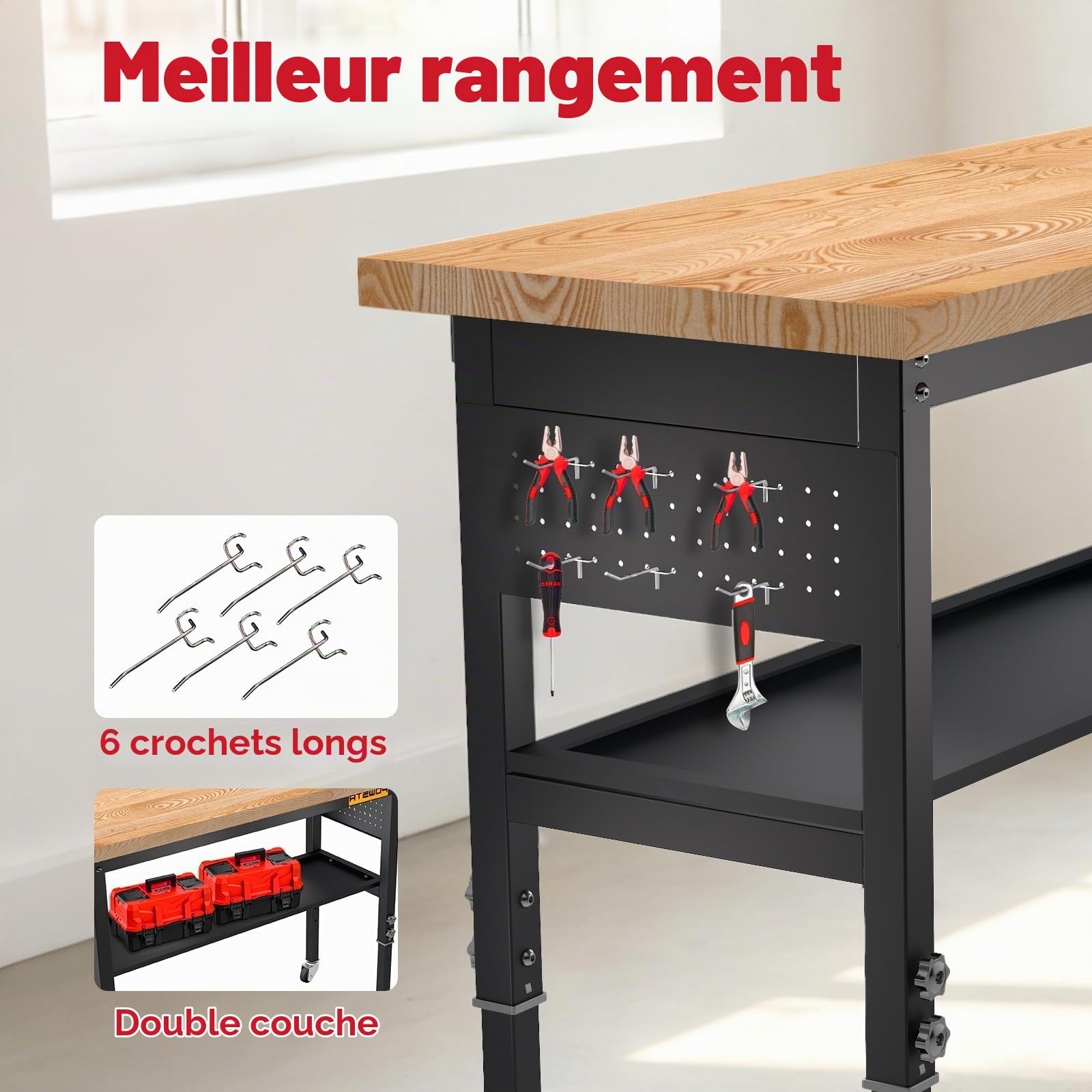 Établi Lourd de 120 cm, 5 Hauteurs Réglables, Charge 900 kg | Plateau en Bois d'Hévéa, Panneau Perforé Et Crochets, Établi Double Étage à Roulettes, pour Garage, Atelier, Bureau