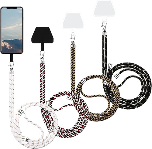 Miniatura 8 de Weewooday - 4 cordones universales para teléfono celular, cordón ajustable de nailon desmontable y 4 almohadillas negras y transparentes para la