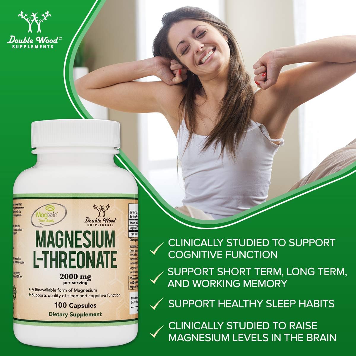 Magnesium L-Threonate Capsules (Original Magtein Formula - Patented and Clinically Studied) – High Absorption – Bioavailable Form for Cognitive Function and Nighttime Support – 2,000 mg – 100 Capsules