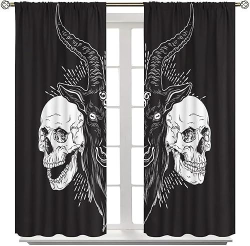 Vista 35 de Cortinas de cabeza de cabra, misteriosa cabeza de cabra malvada, calavera negra, bolsillo para barra, cortinas opacas para ventana, juego de 2