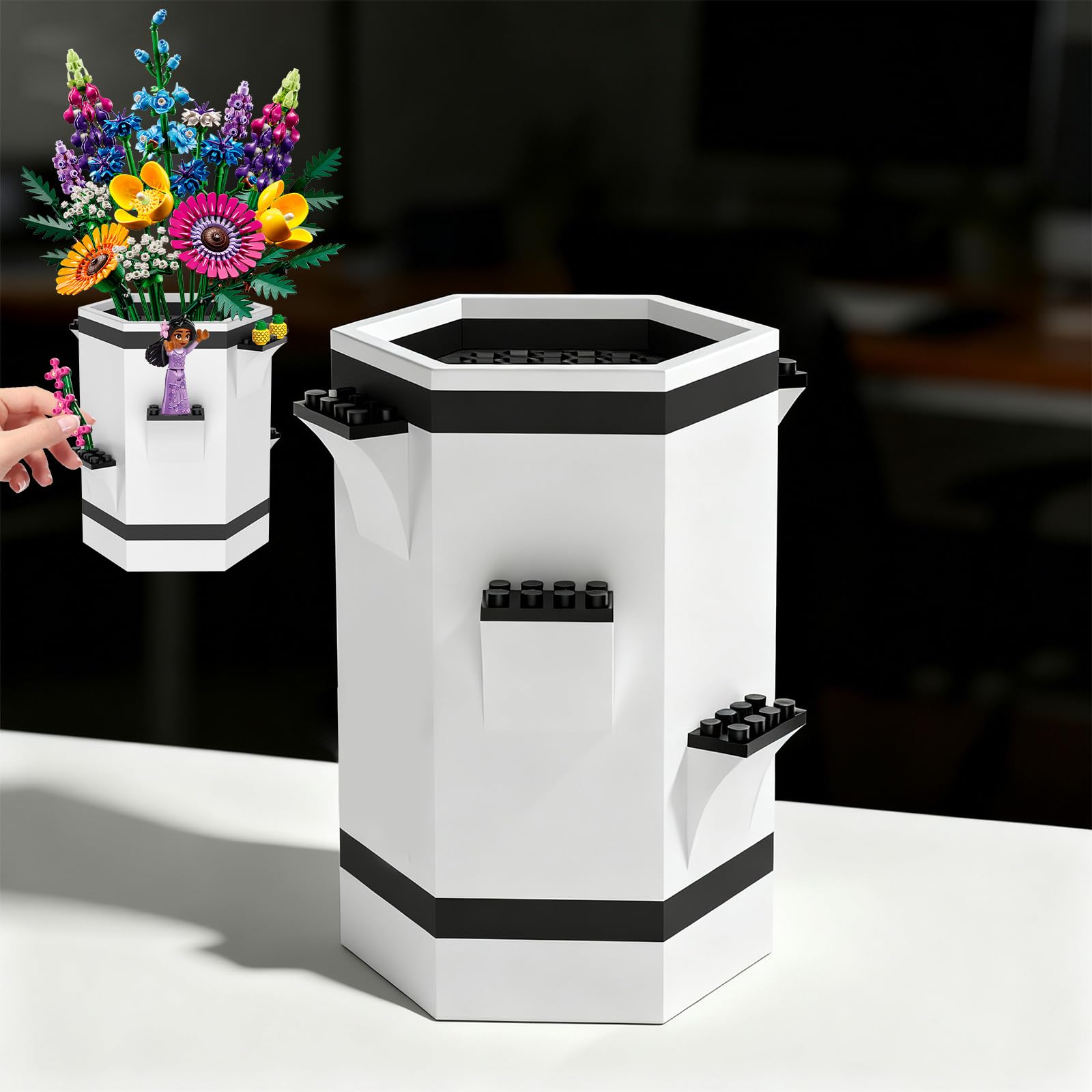 Vase for Lego Flowers, Compatible with Lego Bricks,for Lego Flower Bouquet Building Set,Display Stand for Lego Roses Cherry Blossom Sunflower Tulips Daffodils Lotus-Gift for Lego Flowers Lover(White)