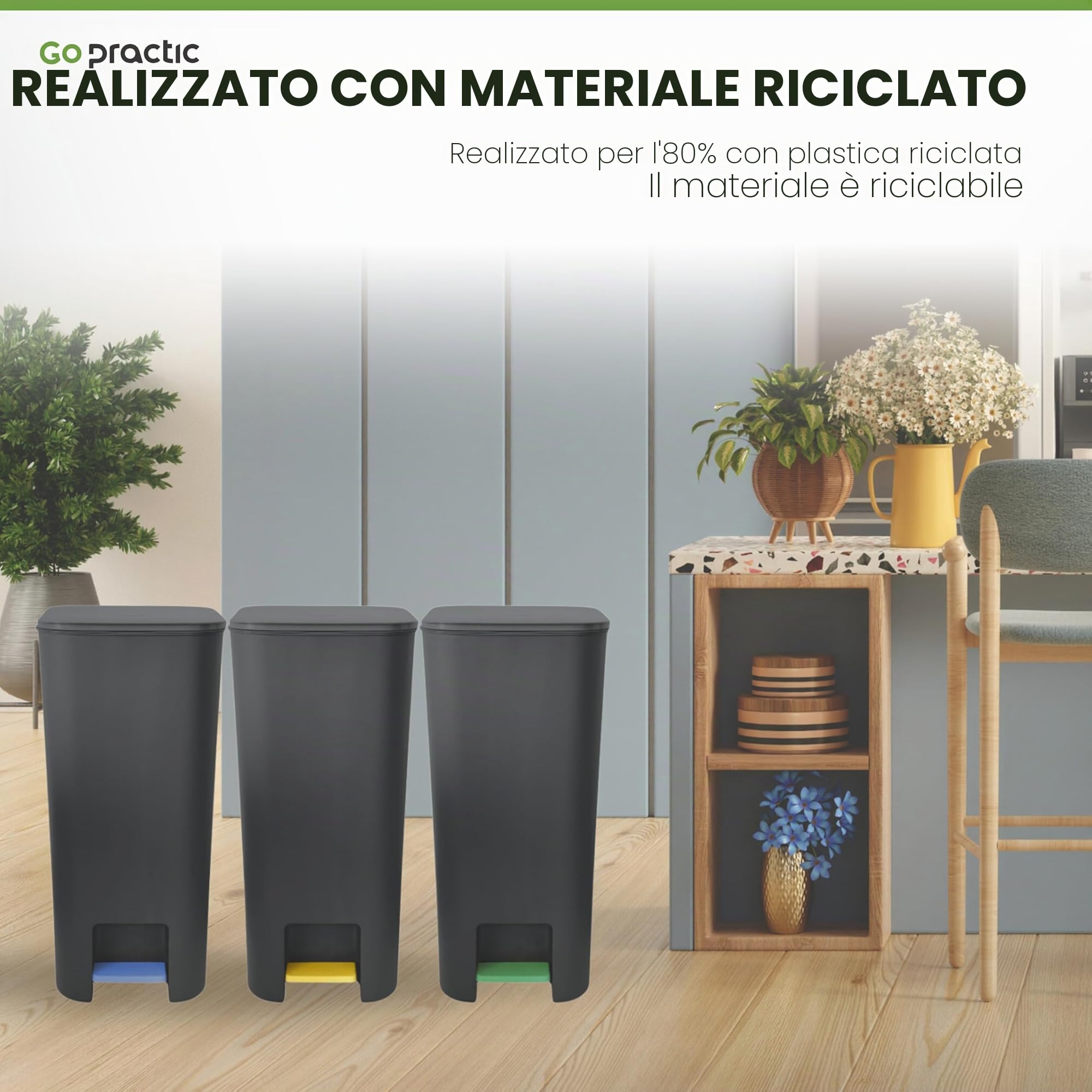 Pattumiera Differenziata Con Pedale Coperchio 4 Scomparti 40 l Pattumiera Cucina Bagno Ufficio In Plastica Nero Grafite
