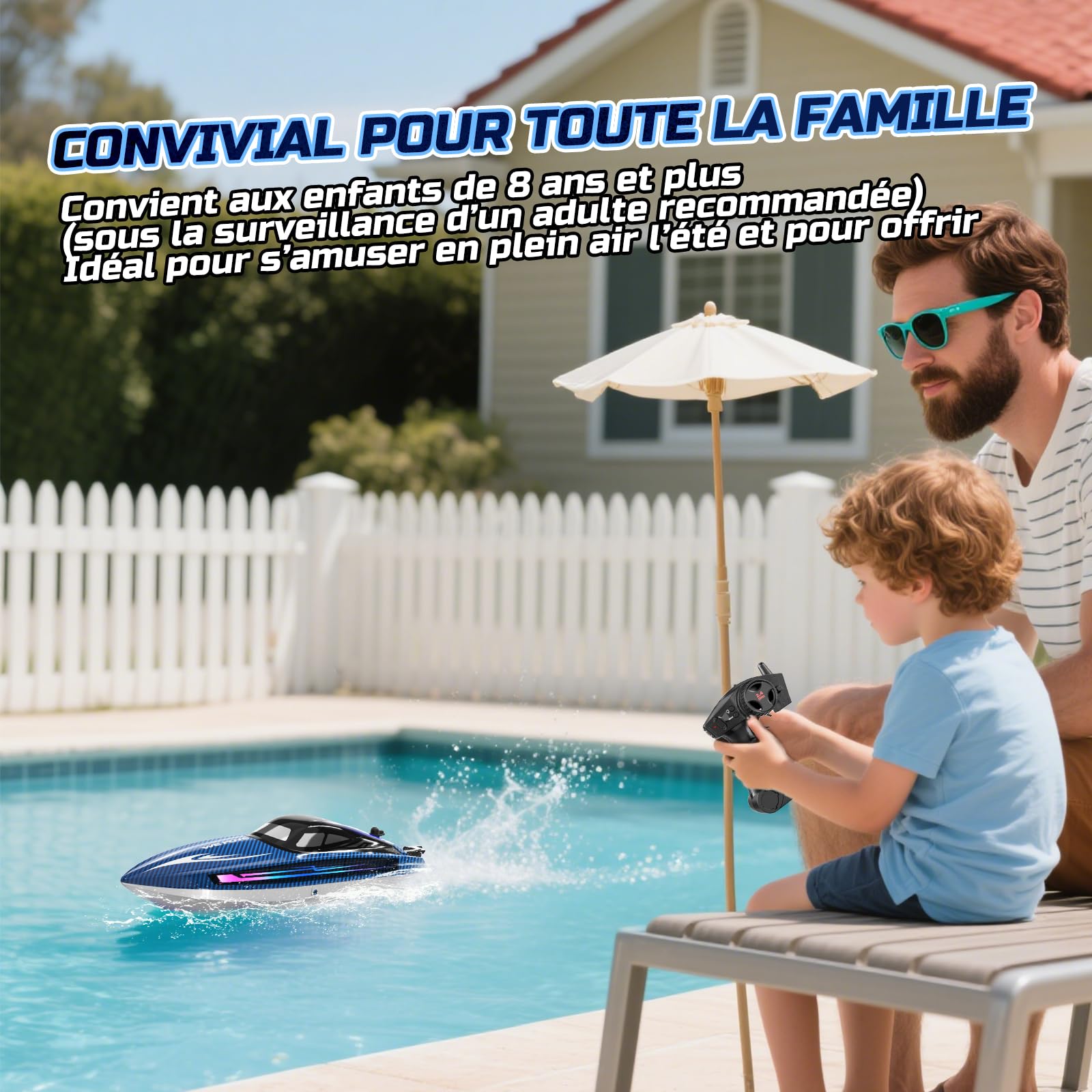 WeFone Barco teledirigido para adultos, 25+ KMH Fast RC Speed Boat con luz LED para niños, DEMO, WF17, ideal para piscinas y lagos de juguete, 2 baterías recargables durante 30-40 minutos (azul)