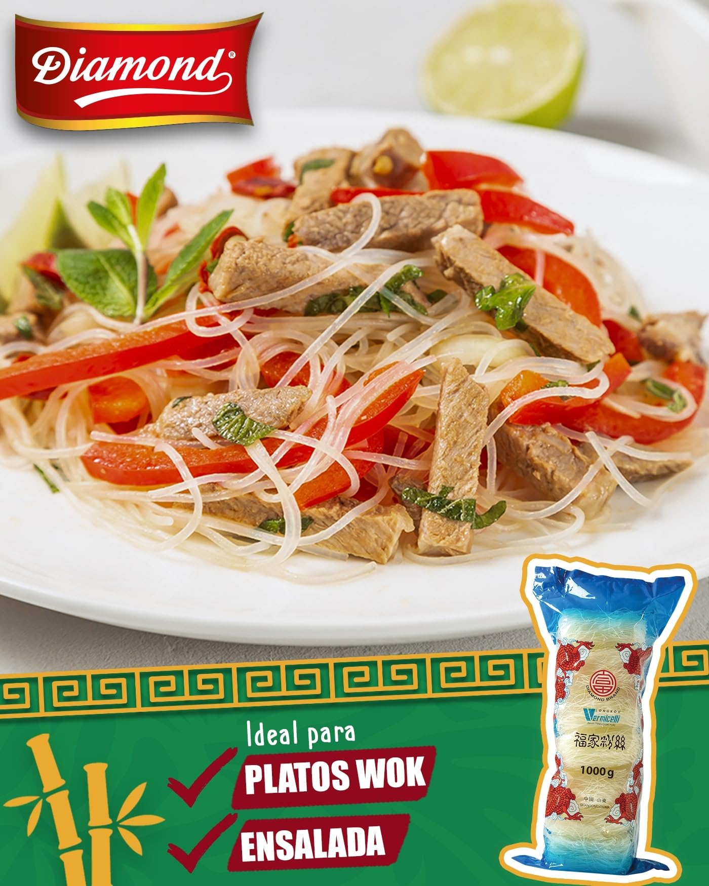 DIAMOND Fideos de cristal, fideos largos, naturalmente veganos y sin gluten - 1 x 1000 g