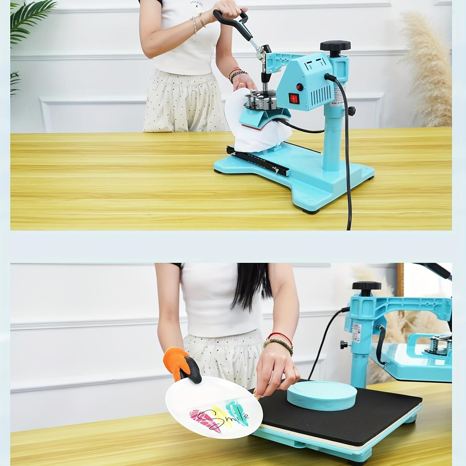 Person using the hat heat press attachment