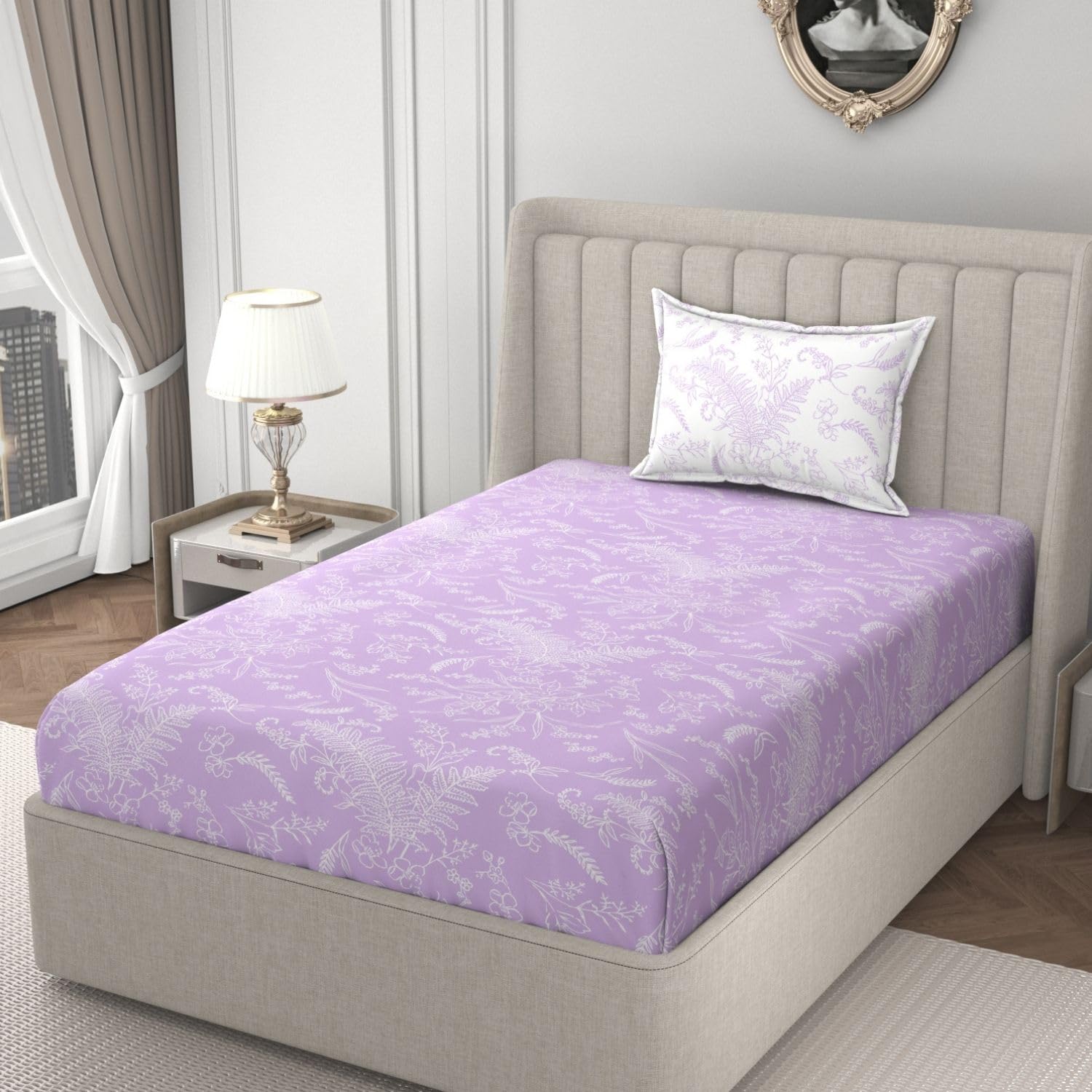 HIDECOR Cotton Feel Glace Cotton Floral Single Bed Bedsheet with 1 Pillow Covers, Size,- 60x90 Inches, Purple(White Print)-image-7